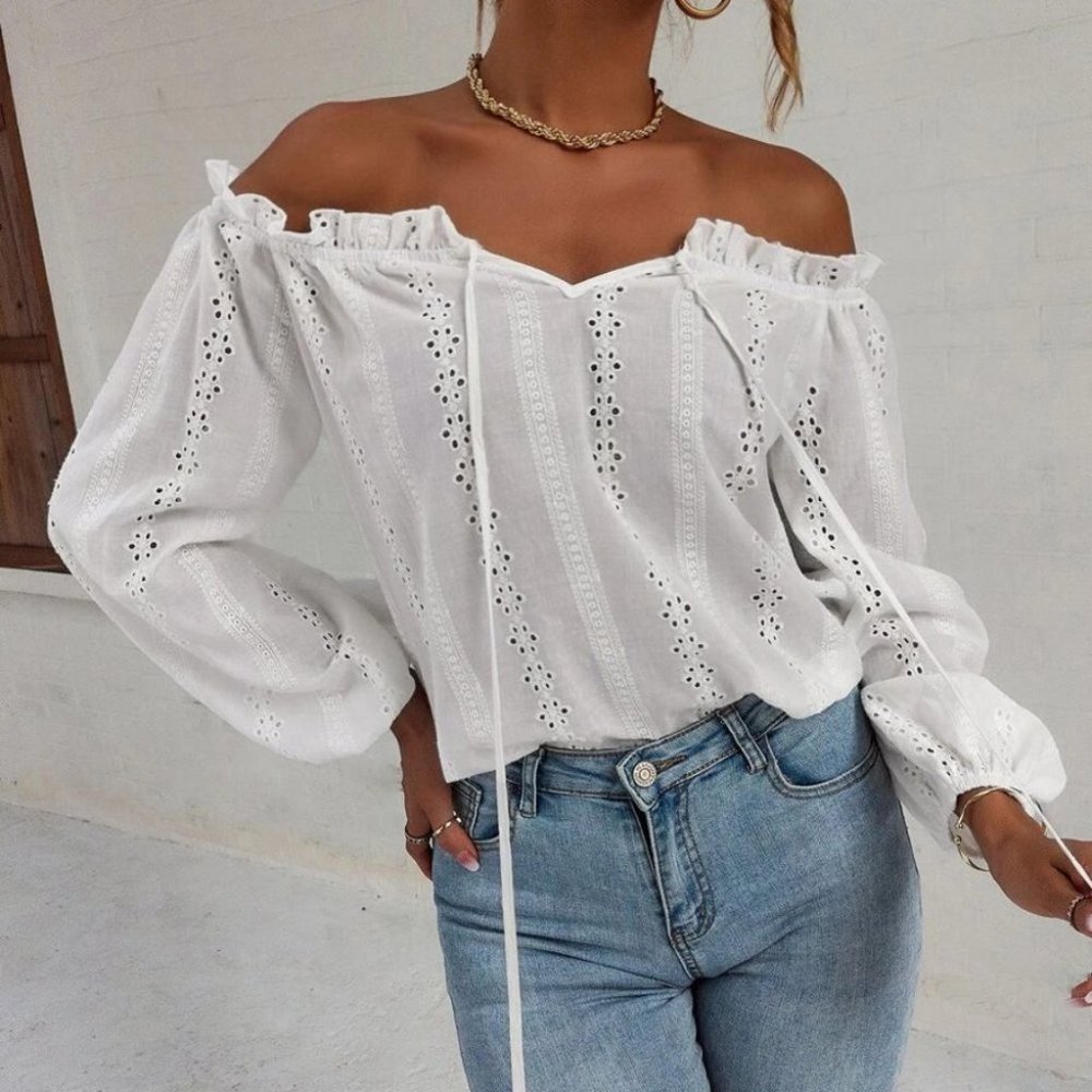 Off Shoulder Knot Front Lantern Sleeve Schiffy Blouse - Picture 3 of 6